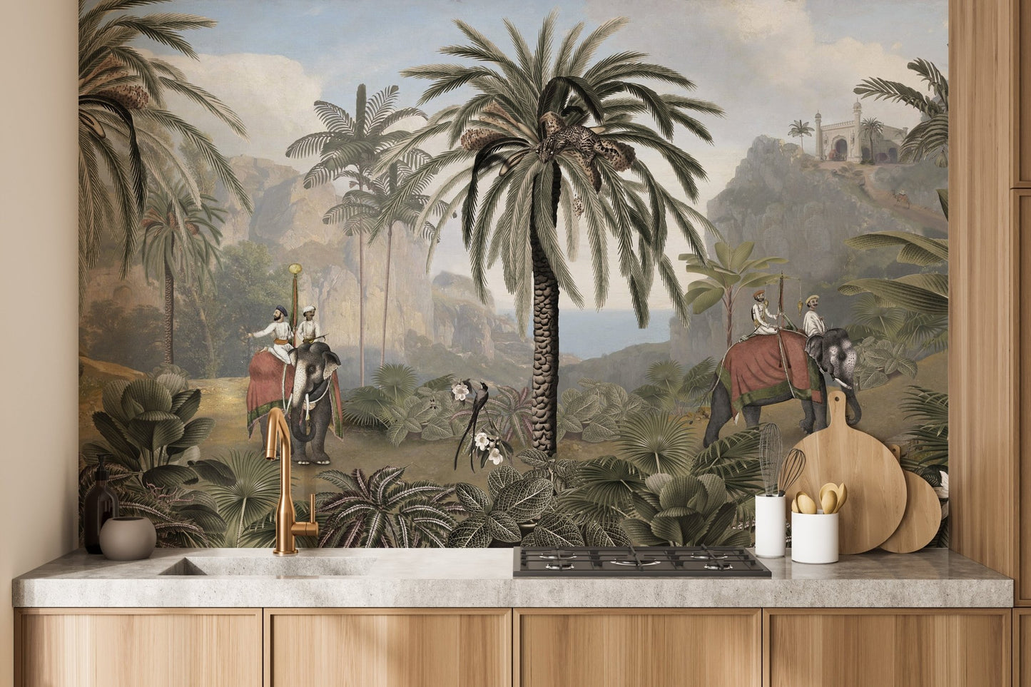 Exotic jungle mural with rich plant and animal detail for kitchen interior.

