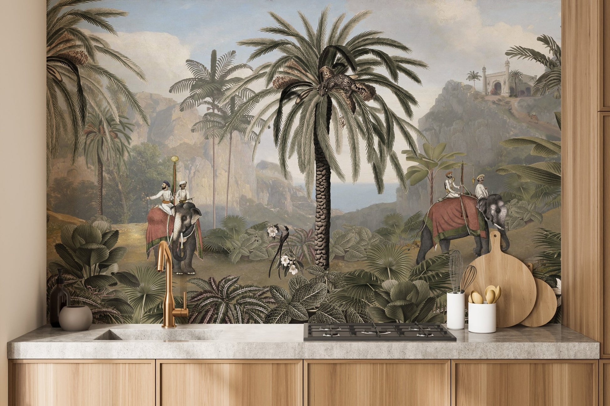 Exotic jungle mural with rich plant and animal detail for kitchen interior.

