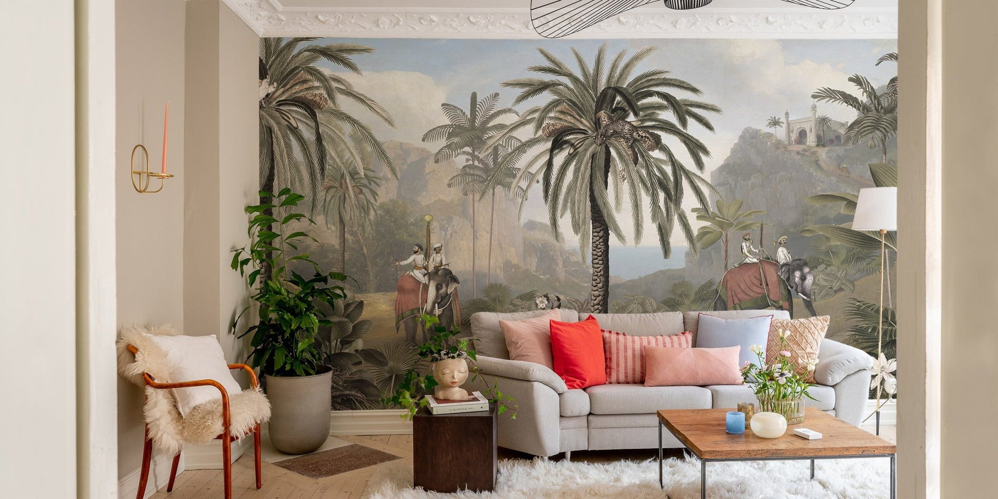 Green jungle panorama with detailed botanical textures for living space interior.
