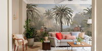 Green jungle panorama with detailed botanical textures for living space interior.
