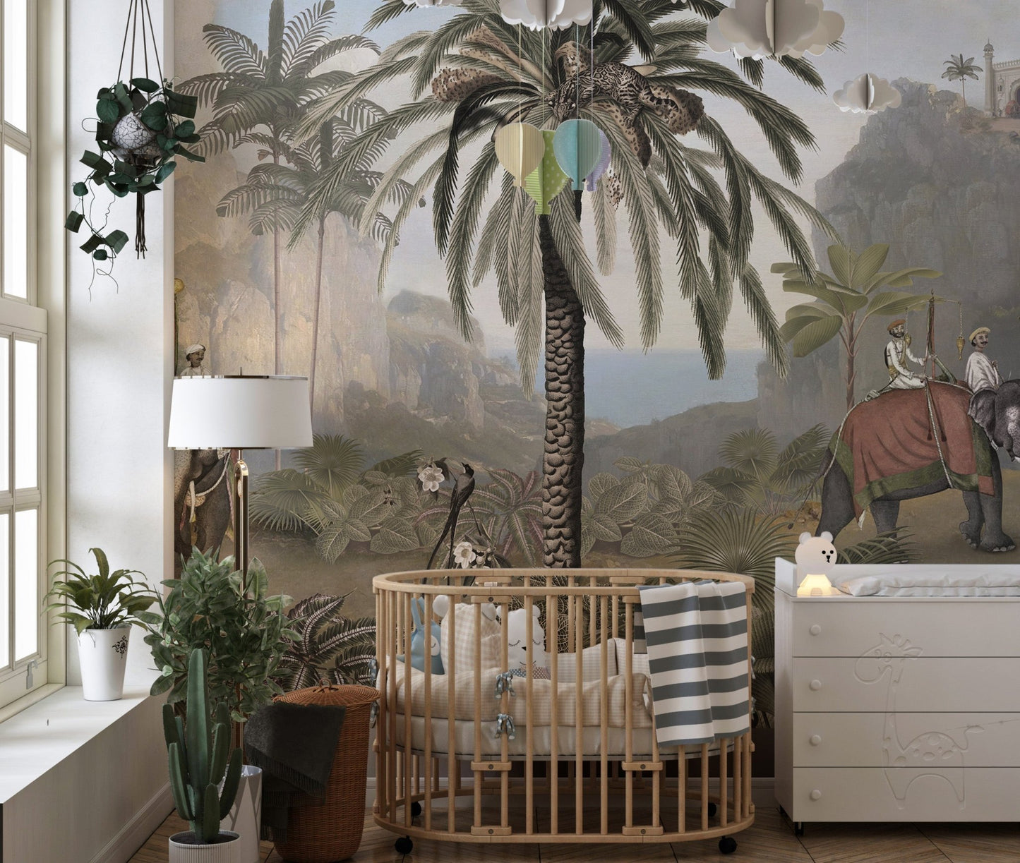 Lush jungle scene with majestic wildlife and greenery for toddler room.
