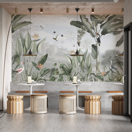 Stunning panoramic mural featuring a mystical jungle design on dining room backdrop.
