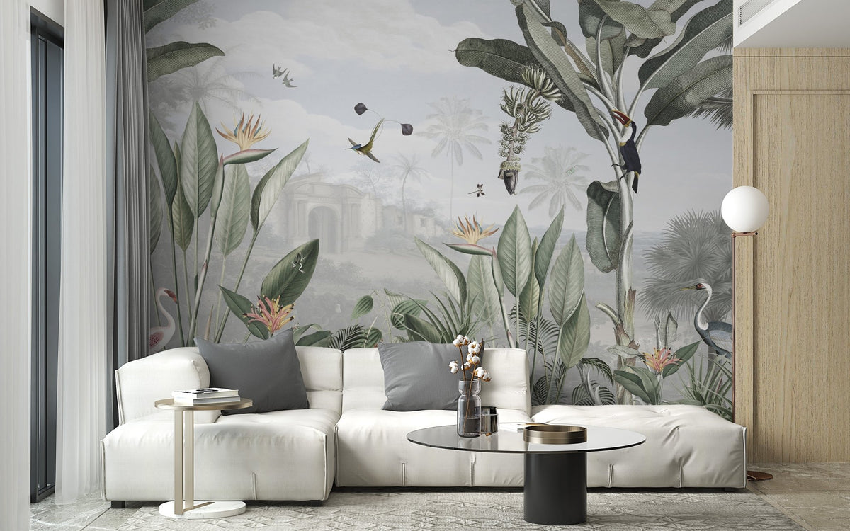 Artistic wall mural with a panoramic view of a mystical jungle on living room wall.
