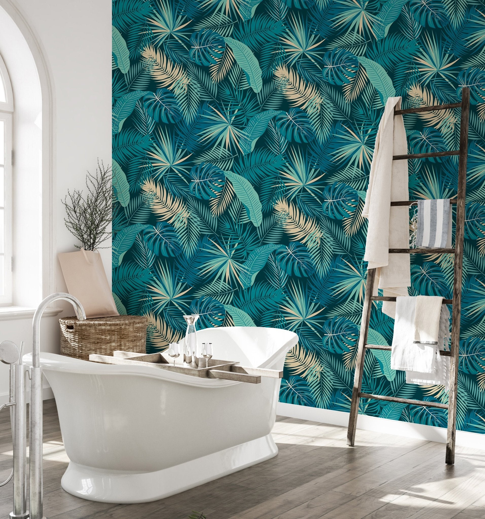 Tropical wallpaper mural applied in a functional home bathroom area.