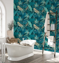 Tropical wallpaper mural applied in a functional home bathroom area.