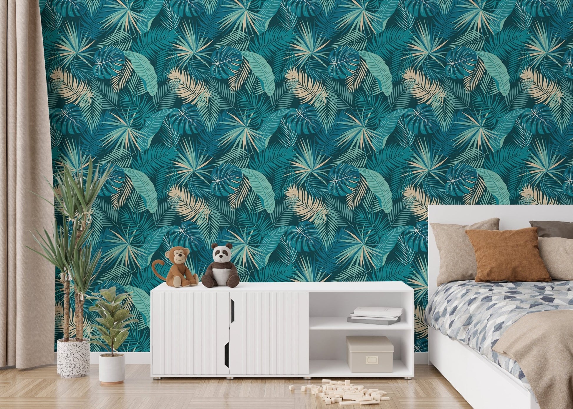 Botanical print wallpaper in a minimalist bedroom setup.