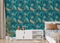 Botanical print wallpaper in a minimalist bedroom setup.