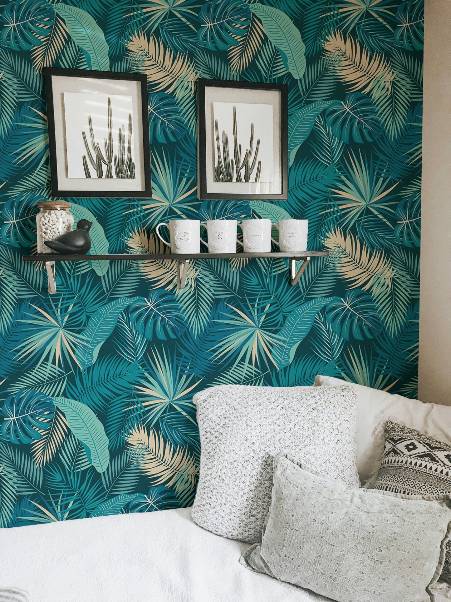 Modern bedroom wall adorned with botanical palm leaf wallpaper.