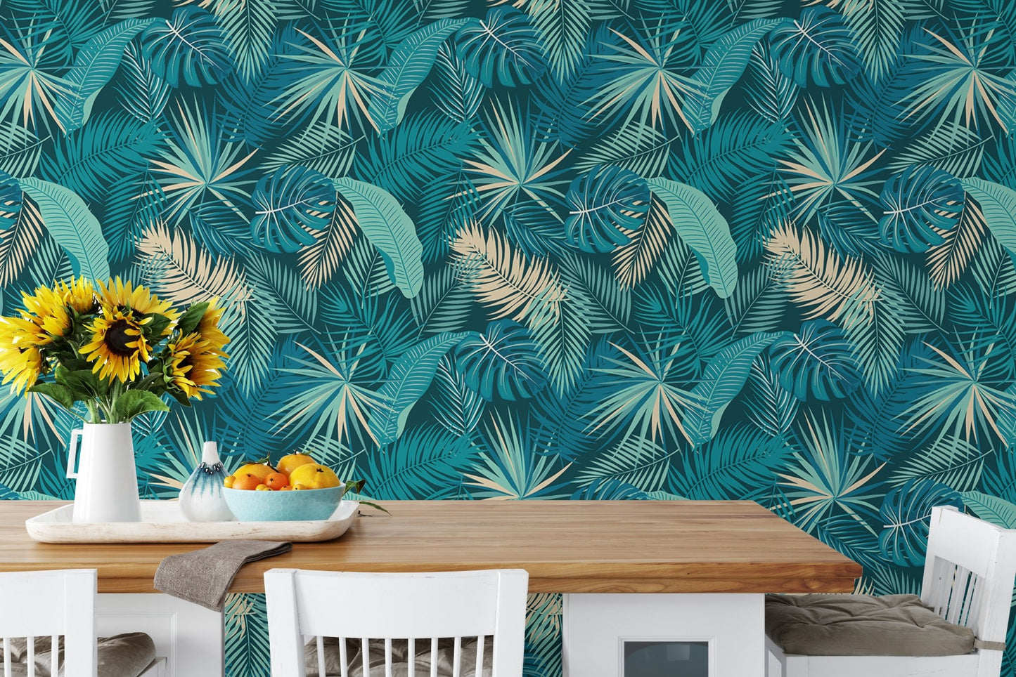 dining room interior with jungle palm leaves wallpaper style.