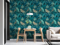 Dark green palm wallpaper for a relaxing dining room interior.