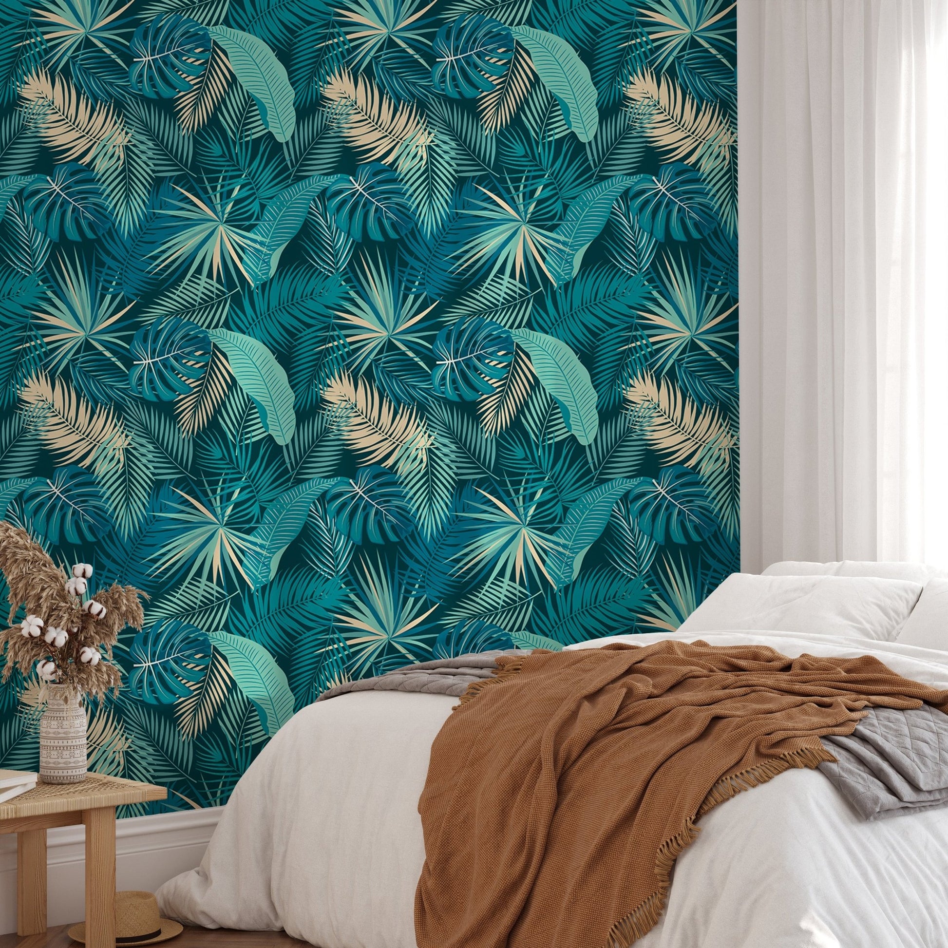 Tropical wallpaper with palm design for a bedroom space.