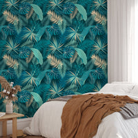 Tropical wallpaper with palm design for a bedroom space.