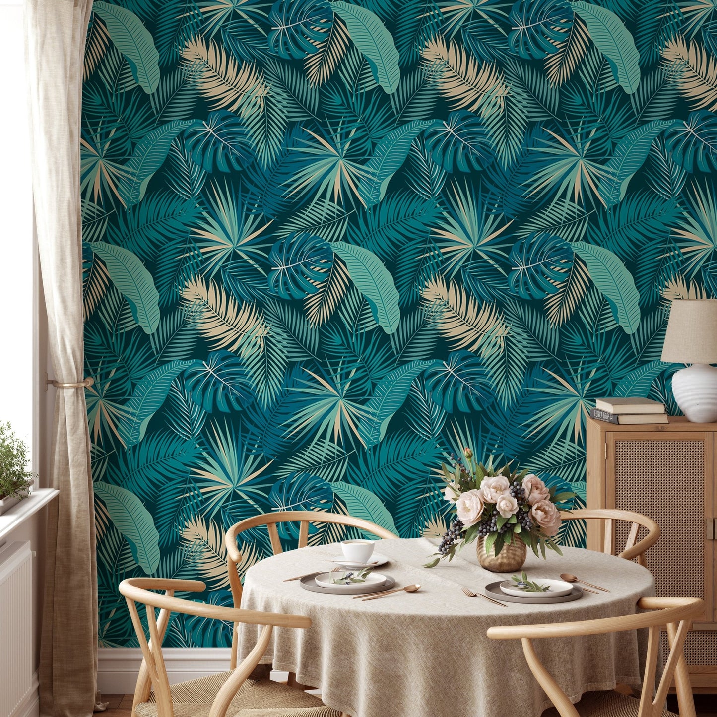 Leafy jungle wallpaper design in a bright dining interior.