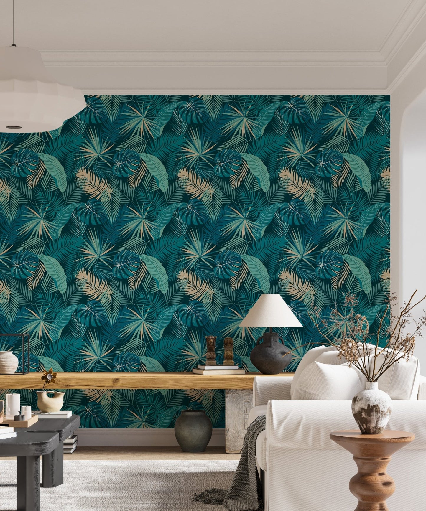 Jungle leaves wallpaper adding color to a living space.