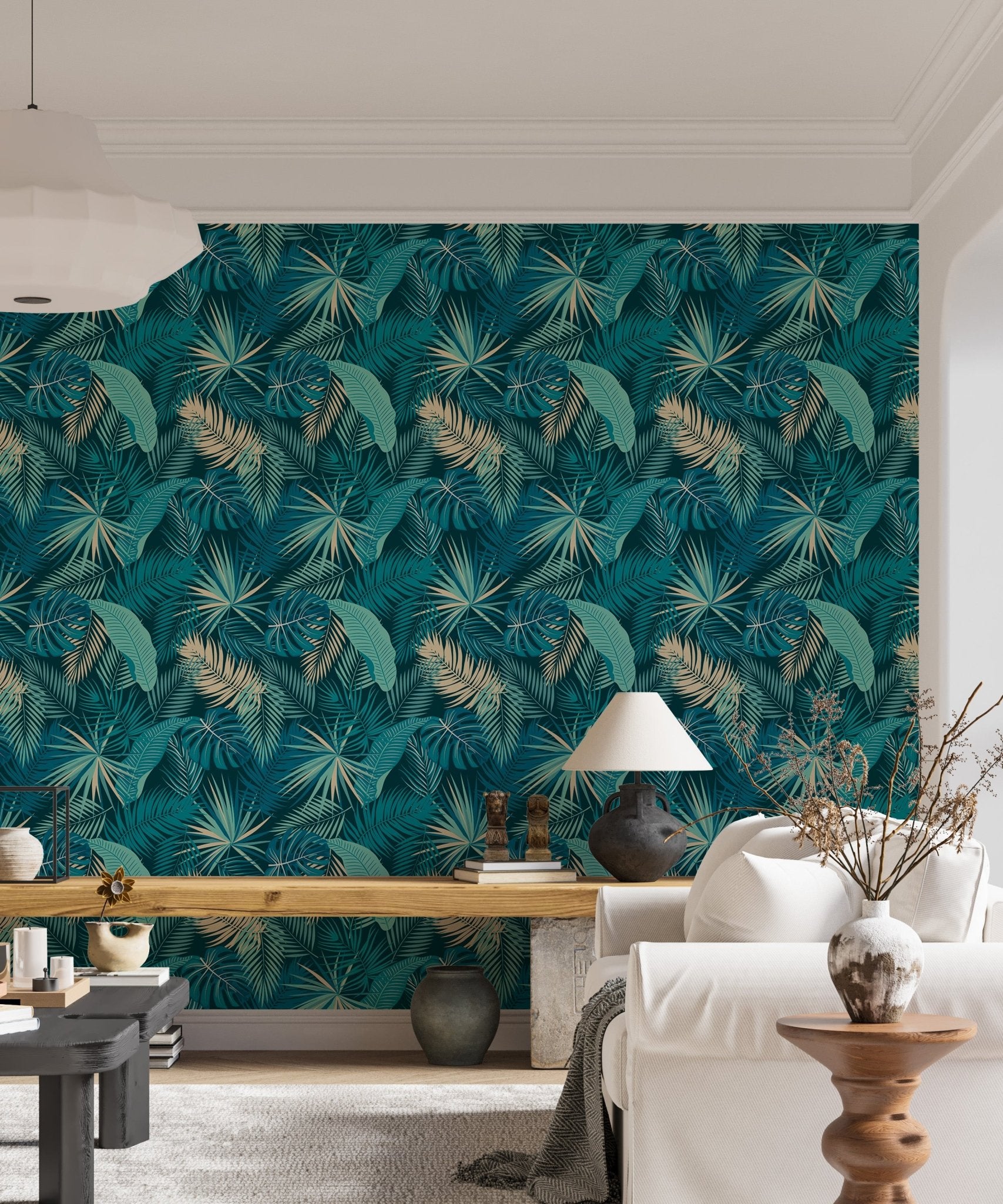 Jungle leaves wallpaper adding color to a living space.