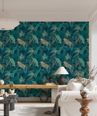 Jungle leaves wallpaper adding color to a living space.