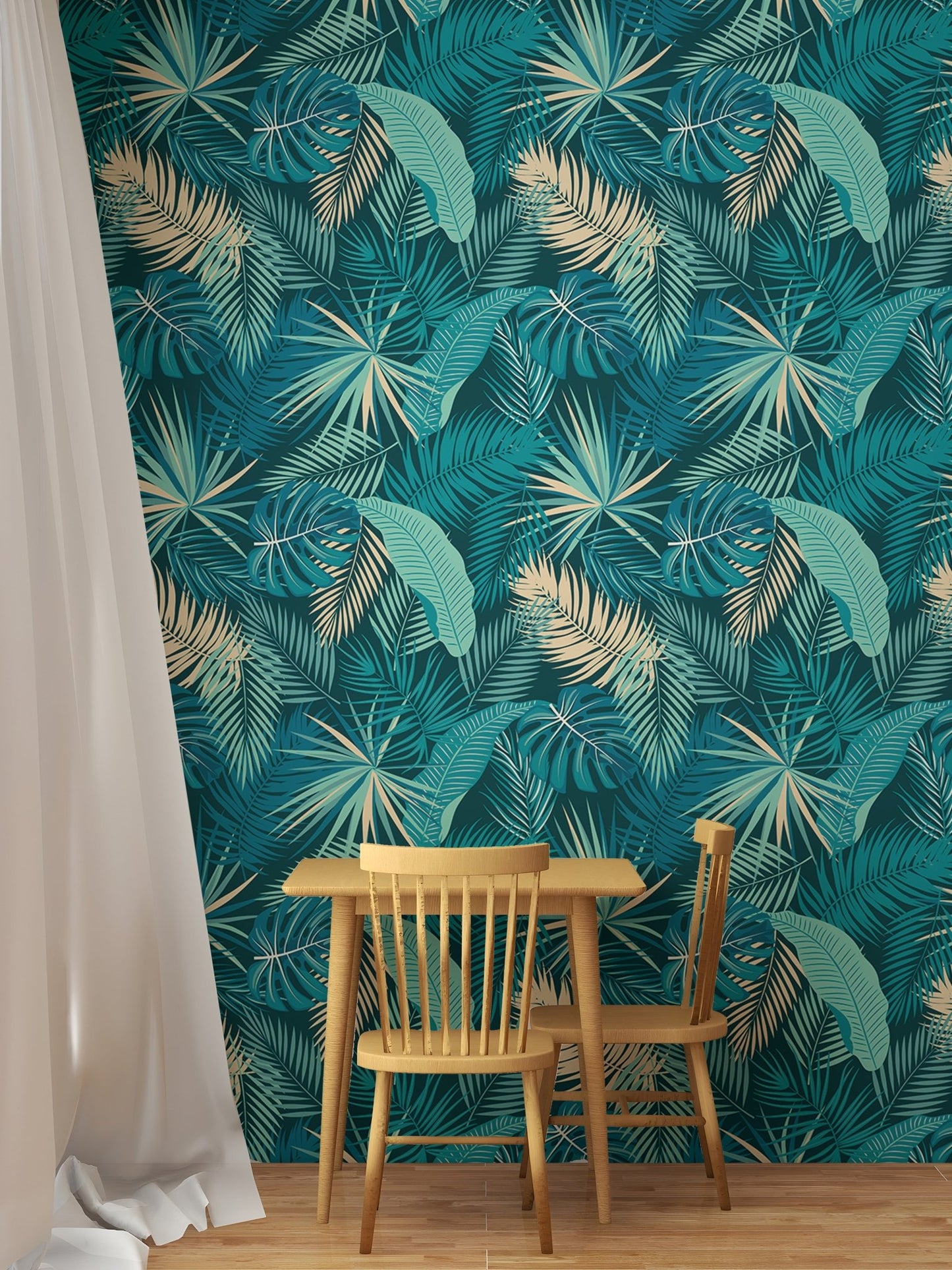 Tropical leaf wallpaper mural with gold accents in a cozy dining room.