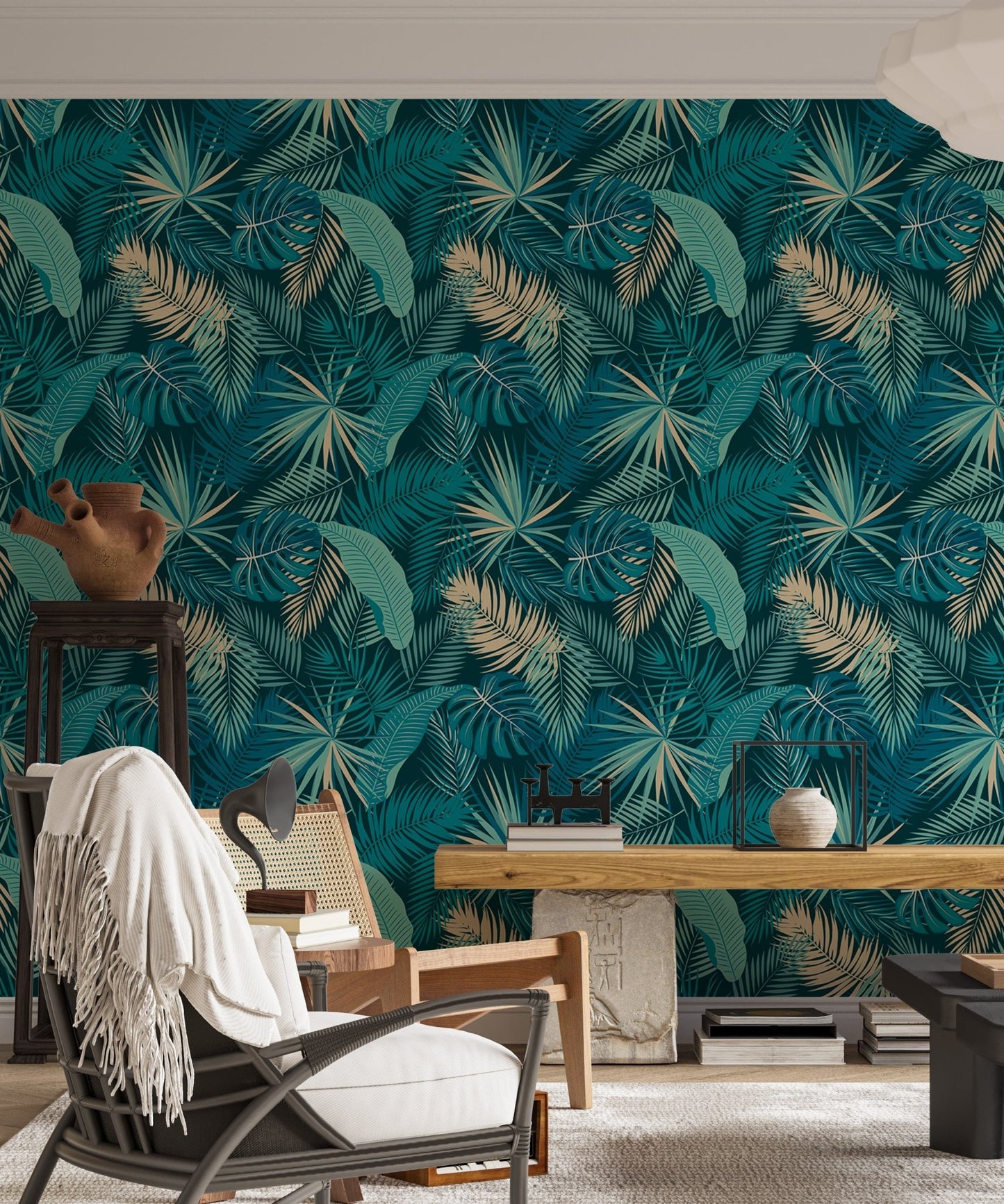 Living room setting featuring green tropical wallpaper patterns.