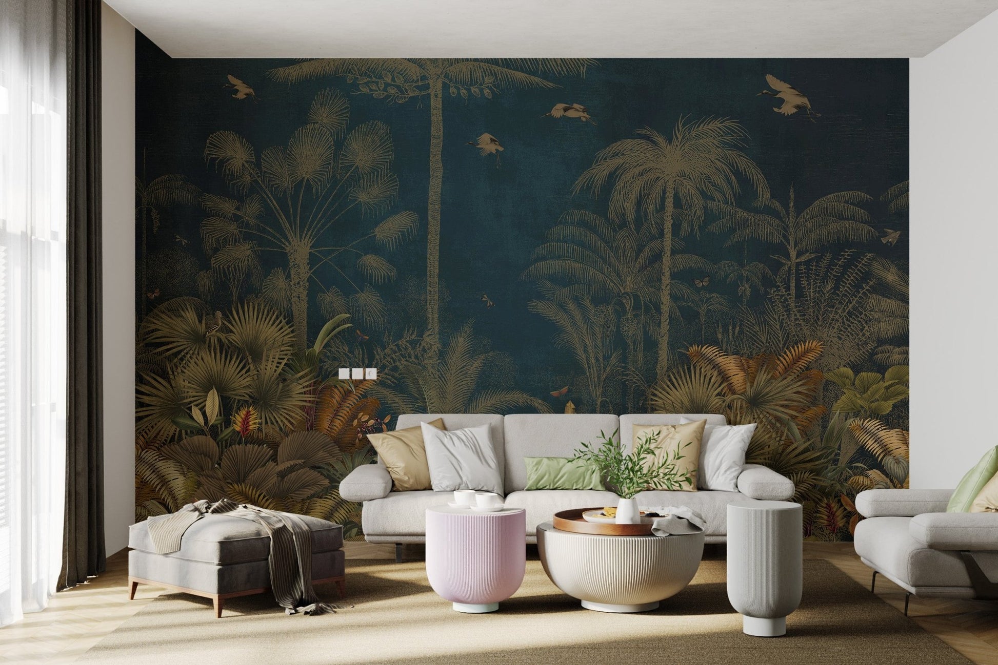 Vintage blue painting mural with palm trees for bright living room.