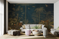 Vintage blue painting mural with palm trees for bright living room.