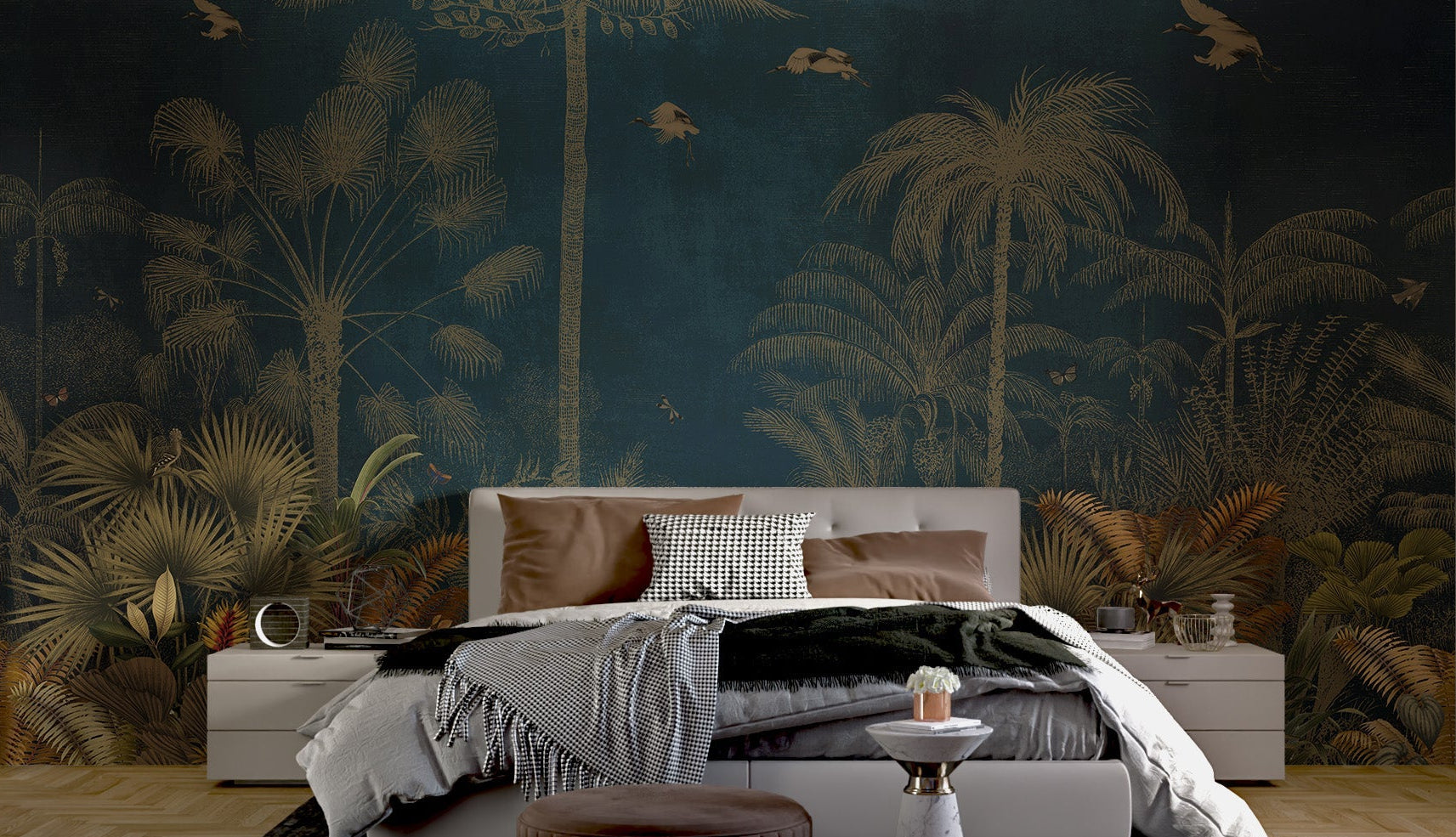 Tropical wall mural with blue and gold details in modern bedroom.