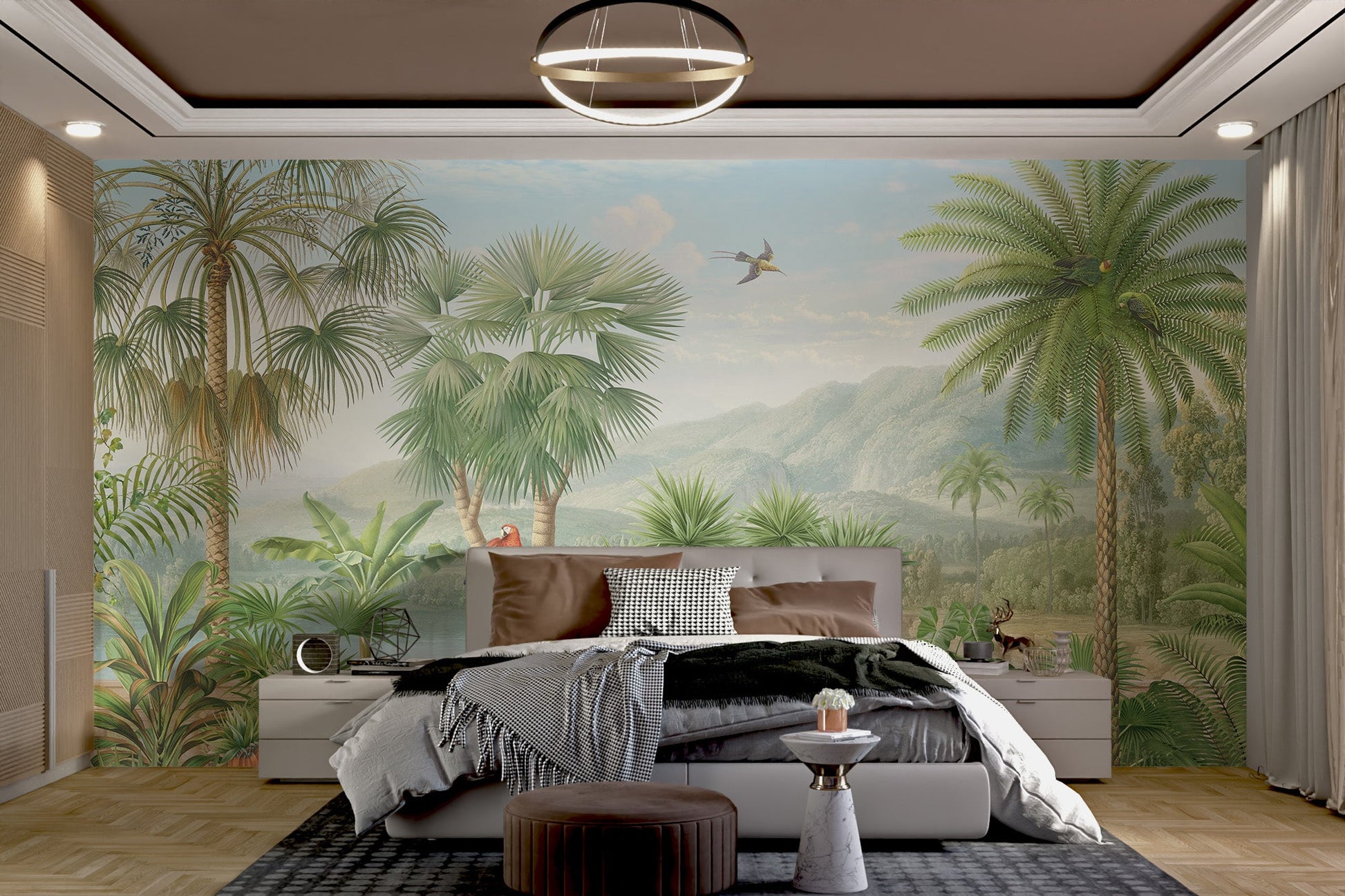 Mountain backdrop tropical landscape paradise wall mural for bedroom.
