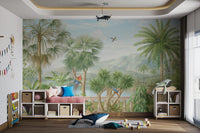 Tropical landscape paradise wall mural with mountains for kids playroom.
