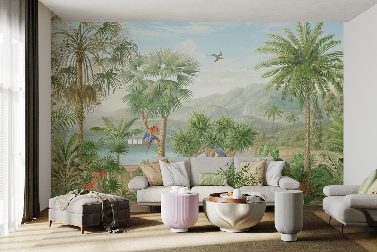 Hand painted jungle scene wall mural with flowers water view.