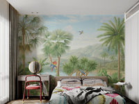 Stone terrace railing exotic jungle wall mural in kids bedroom.
