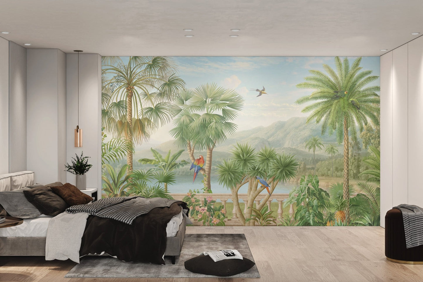 Palm leaves terrace balcony wall mural in master bedroom.