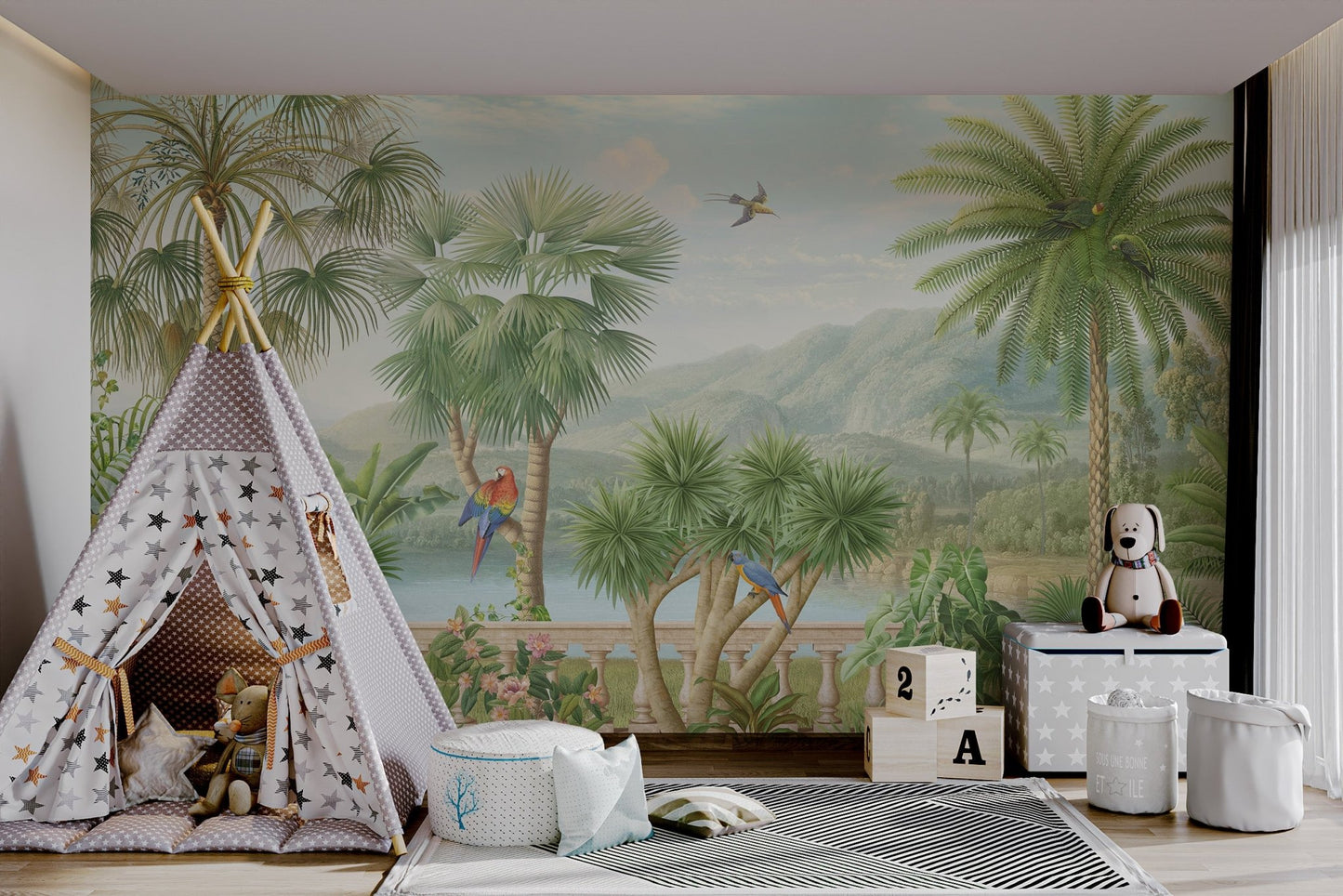 Jungle Paradise Mural with pineapple plants in modern kids playroom.