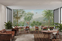 Jungle Paradise Mural macaws and palms in dining room.