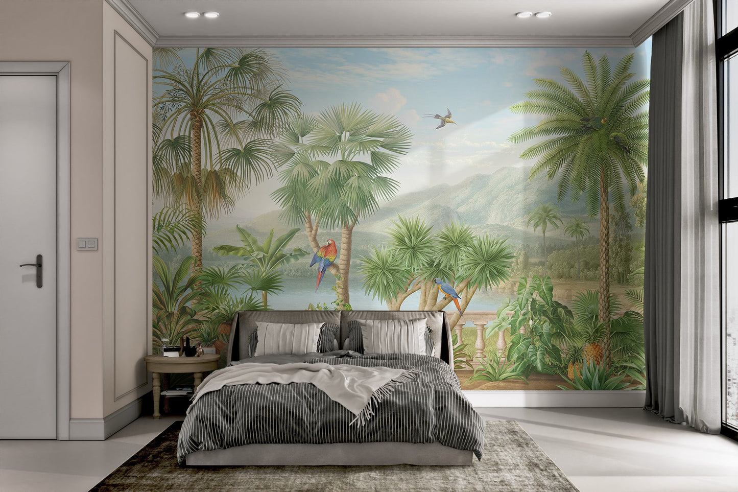 Exotic garden wall mural with pink flowers stone balustrade.