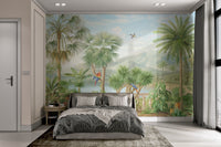 Exotic garden wall mural with pink flowers stone balustrade.