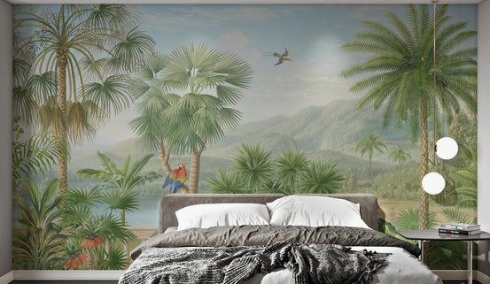 Green jungle foliage blue parrot wall mural for guest room