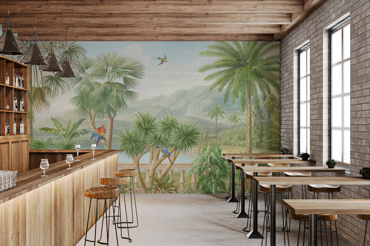 Green palm tree macaw bird mural for cafe dining area feature wall.