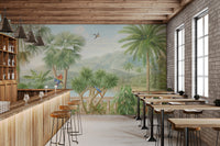 Green palm tree macaw bird mural for cafe dining area feature wall.