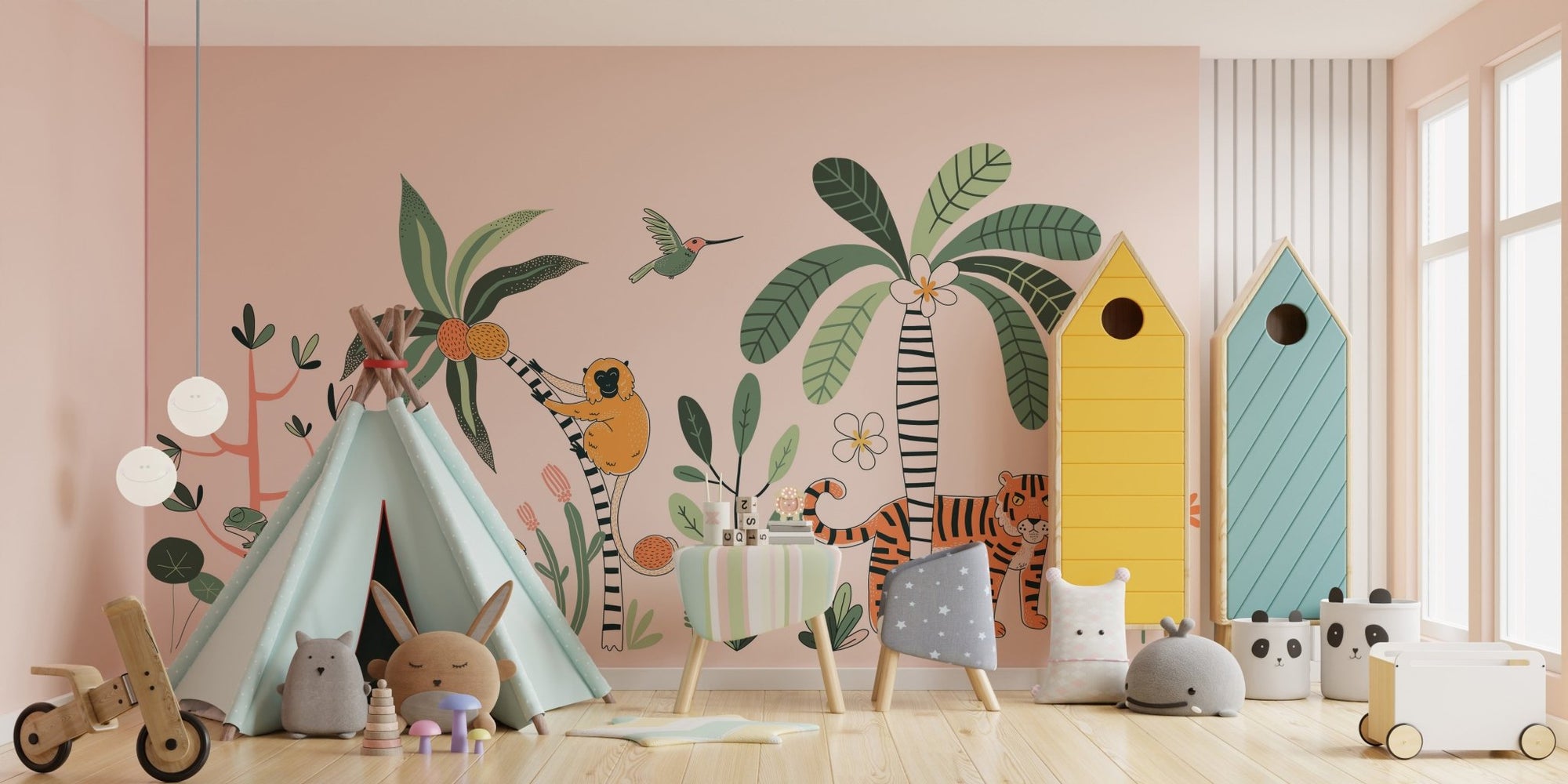 Jungle safari adventure mural with vibrant wildlife and greenery in kids play area.
