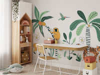 Jungle safari mural with bold wildlife and lush tropical scenery on study area wall.

