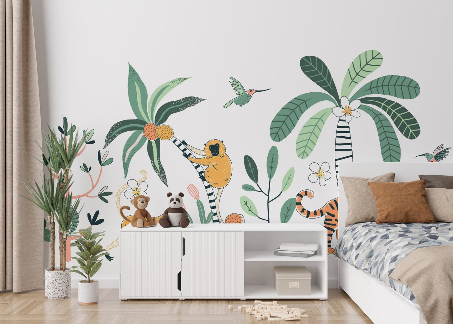 Jungle mural featuring a safari adventure with exotic animals in kids bedroom.
