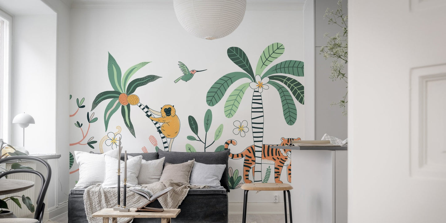 Artistic jungle safari mural with vibrant plants and wildlife in living room.
