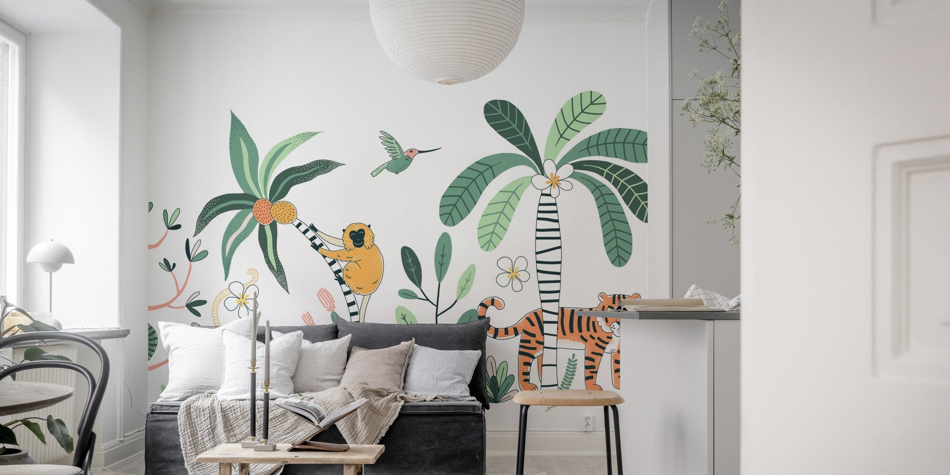 Artistic jungle safari mural with vibrant plants and wildlife in living room.
