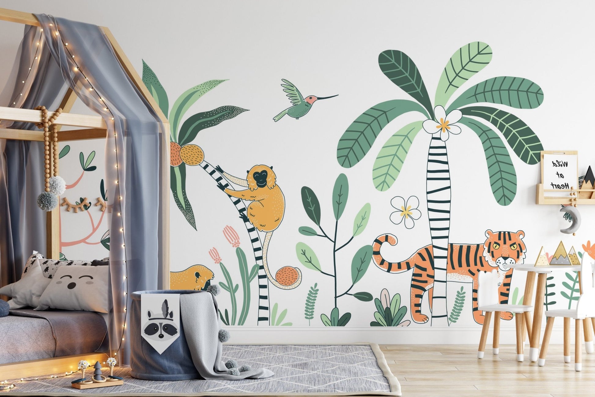 Jungle safari adventure mural for playful and nature-inspired kids room decor.
