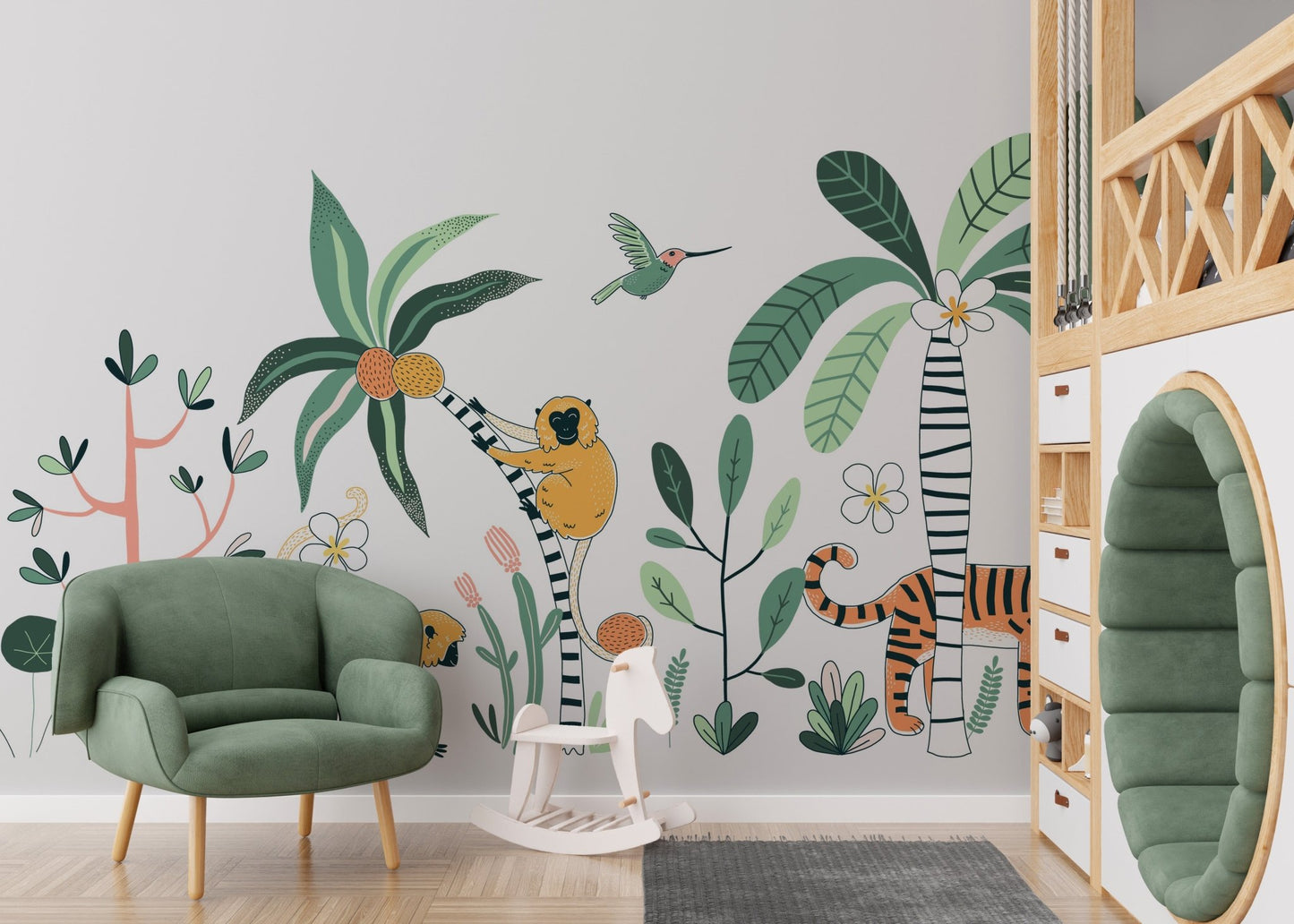 Vibrant jungle mural showcasing an exciting safari adventure in nursery.

