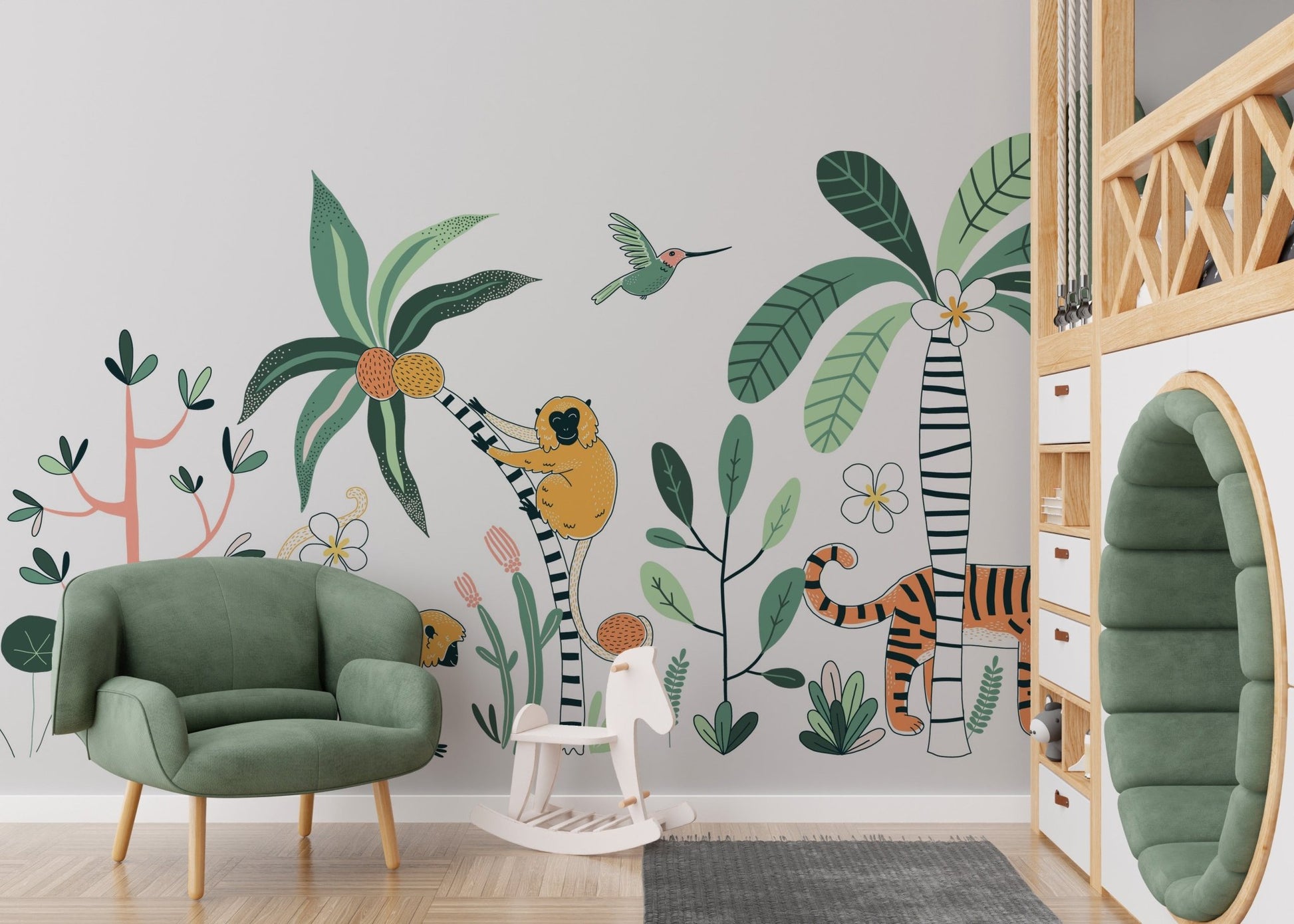 Vibrant jungle mural showcasing an exciting safari adventure in nursery.
