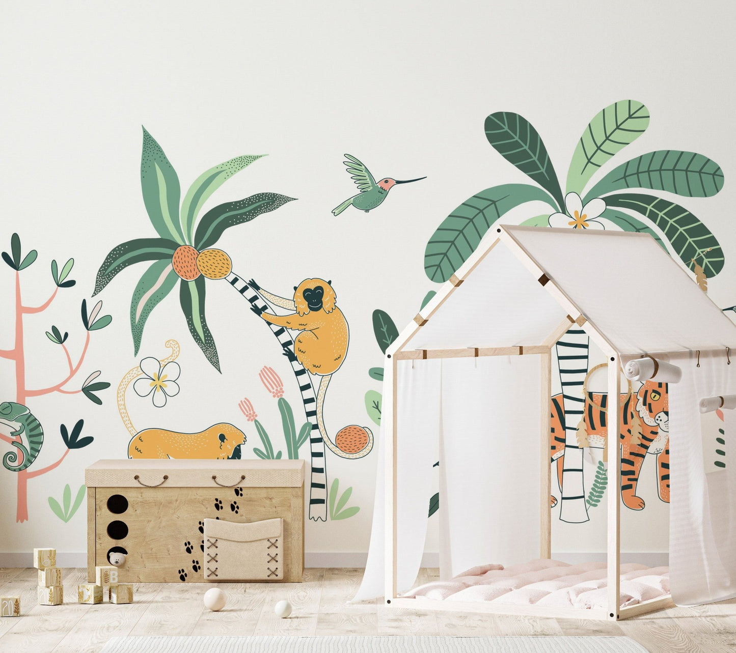 Safari-themed wall mural for adventurous jungle decor in nursery
