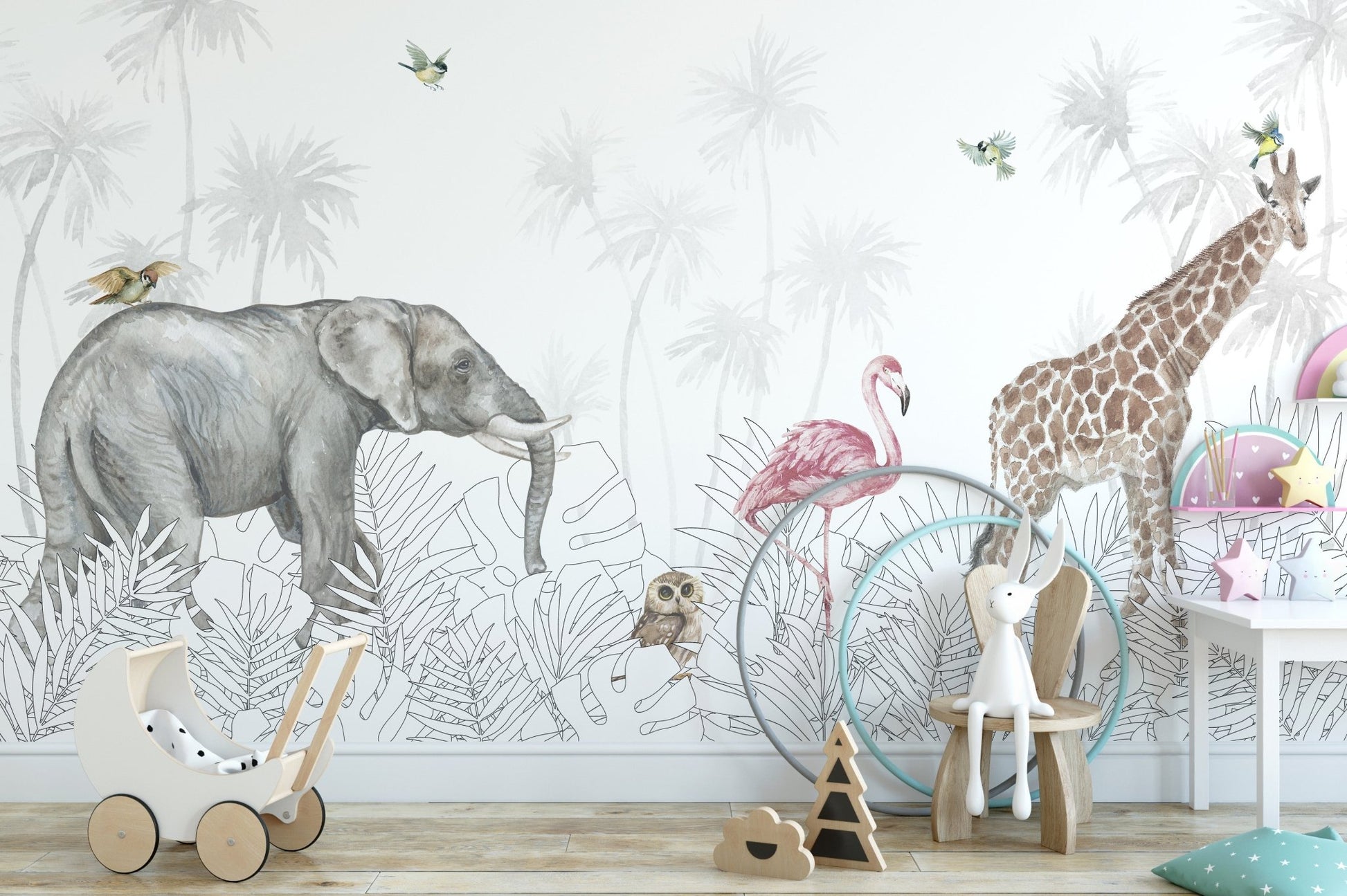 Vibrant jungle safari wall mural for children’s playroom walls