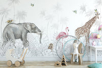 Vibrant jungle safari wall mural for children’s playroom walls