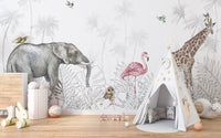 Jungle Safari Animals Wall mural with elephant and giraffe in a nursery.