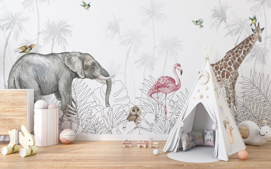 Jungle Safari Animals Wall mural with elephant and giraffe in a nursery.